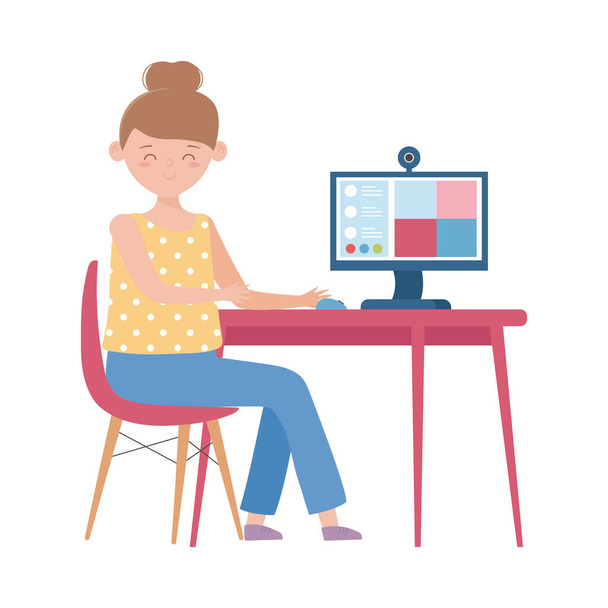 permanecer en casa, mujer con el ordenador conectado en línea
 - Vector, imagen
