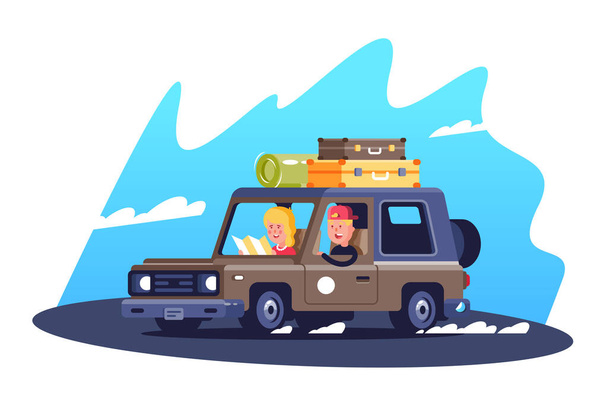 Family traveling trip by car with luggage - Vector, imagen