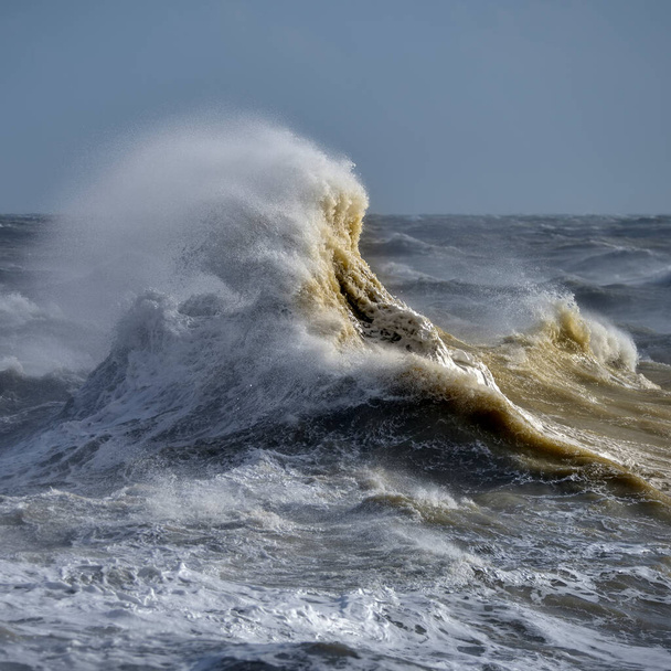 暴力的な風の嵐の間の個々の波の破壊と胸の見事な画像は、優れた波の詳細 - 写真・画像