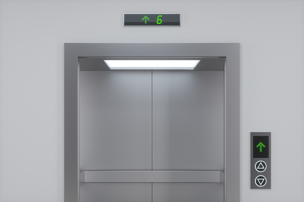 Koridordaki asansör, 3D görüntüleme. Bilgisayar dijital çizimi. - Fotoğraf, Görsel