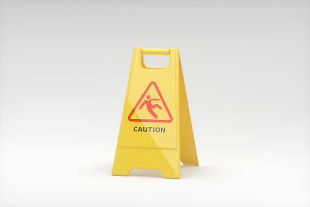 Żółty znak z napisem "ostrożność" na nim, renderowanie 3D. Cyfrowy rysunek komputera. - Zdjęcie, obraz