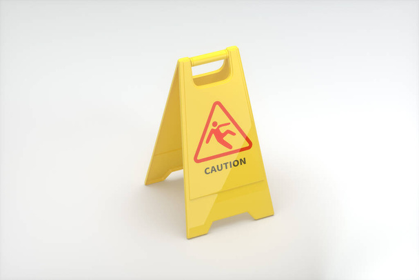 Signo de piso amarillo con "precaución" en él, representación 3d. Dibujo digital informático
. - Foto, imagen