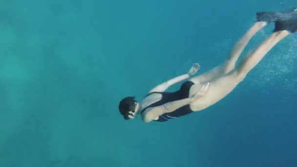 Freediver na koralach w Morzu Czerwonym, Piękna młoda kobieta pływająca pod wodą w błękitnej wodzie morskiej, Dahab Egipt, 4k - Materiał filmowy, wideo