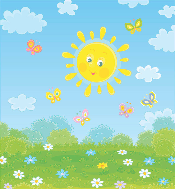 Friendly smiling sun playing with cheerful colorful butterflies flittering over a green field with beautiful flowers on a pretty summer day, vector cartoon illustration - Vecteur, image