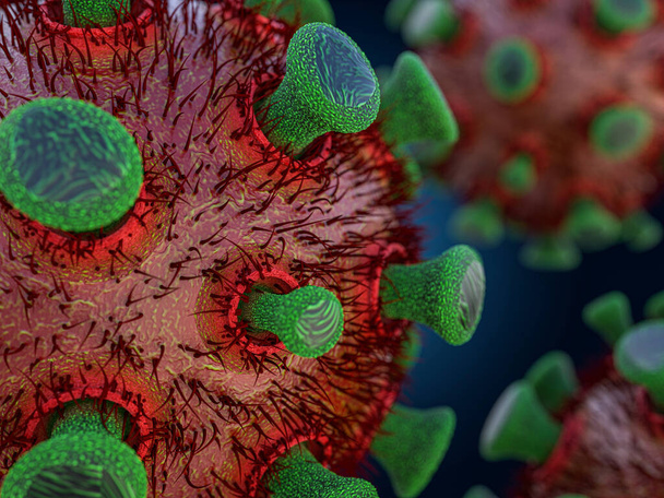 Covid-19. Patogeno coronavirus respiratorio 2019-ncov influenza. Concetto di rischio pandemico. Rendering 3D
 - Foto, immagini