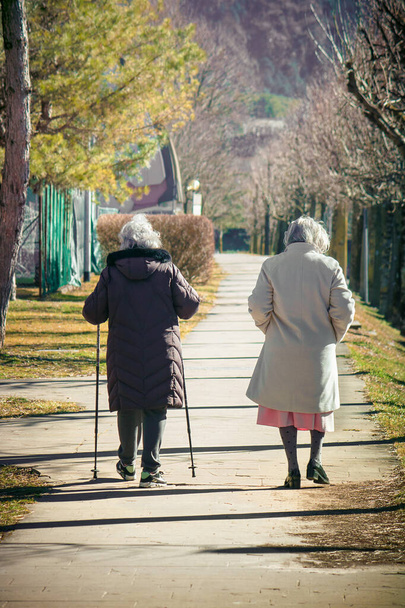 都会の公園を歩く高齢女性や白髪の現役女性2人が運動をしています - 写真・画像