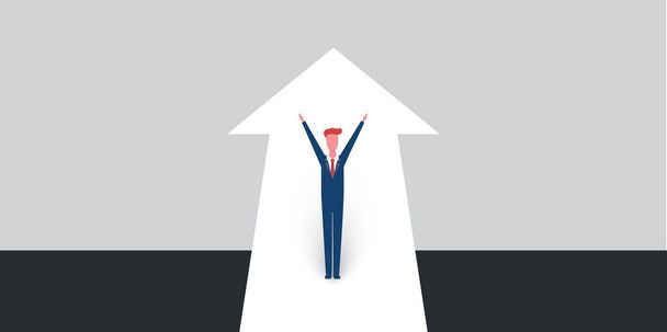 New Possibilities, Hope, Dreams - Business Achievements, Solutions Finding Concept - Man Standing on a Big Up Arrow - Vector Illustration - Vector, Image