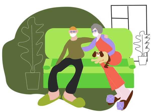 vector illustration of the quarantine. The family are sitting in the room during quarantine and work in the laptop. The illustration of the coronavirus - Vector, Image