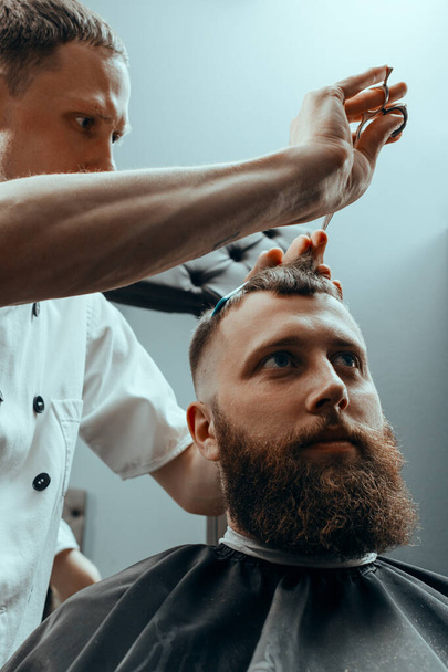 BARBERSHOP THEME. BARBER HOLDS A PAIR OF SCISSORS AND A COMB AND SHEARS THE CLIENT IN BARBER SHOP. BEARDED MAN SITTING IN BARBER CHAIR - 写真・画像