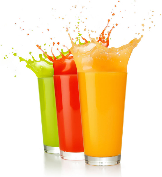 fruit juice glasses splashing isolated on white - Photo, Image