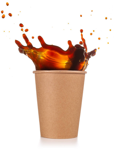 coffee splashing out of a disposable cup isolated on white - Photo, Image