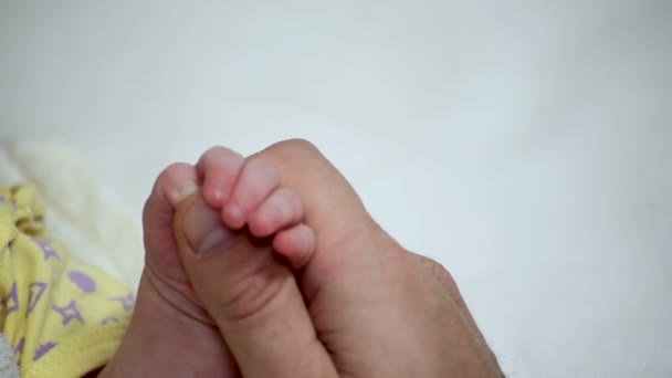Maleńka rączka trzyma kciuk matki. Opieka i macierzyństwo. Zbliżenie - Materiał filmowy, wideo