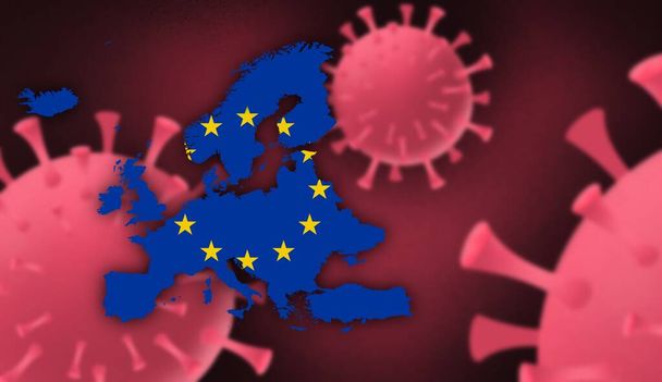 Χάρτης της Ευρώπης με πρότυπο σημαία για την ενημέρωση του ιού της κορώνας σχετικά με το ιστορικό του ιού της κορώνας, χώρος για προσθήκη κειμένου, πληροφορίες, αναφορά νέου κρούσματος, συνολικοί θάνατοι, νέοι θάνατοι, σοβαρές κρίσιμες, ενεργές περιπτώσεις - Φωτογραφία, εικόνα