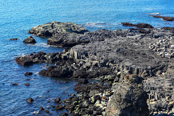 アイスランドの青い海の岸にある玄武岩の岩. - 写真・画像