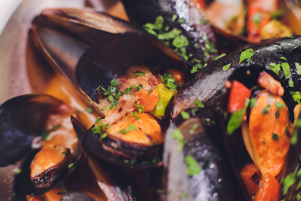 Macro close up of appetizing fresh Steamed sea mussels. - Фото, изображение