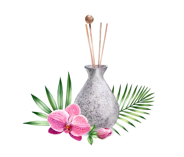 Watercolor refresher with orchid flowers. Vase with wooden sticks. Interior decotation of grey stone. Realistic illustration isolated on white background for SPA and wellness centres  - Fotó, kép