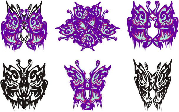Abstracte violette vlinder en bloem symbolen. Ongebruikelijke vlinders en bloemen gevormd uit hen op een witte achtergrond voor textiel, tatoeages, decoratieve composities, enz.. - Vector, afbeelding