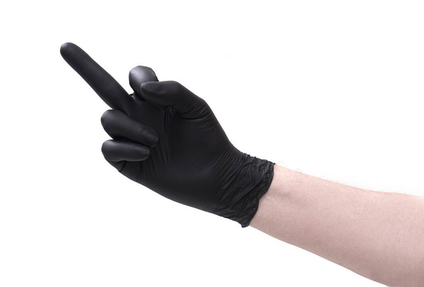 Detail dlaň s prstem v černé latexové rukavici izolované na bílém pozadí  - Fotografie, Obrázek