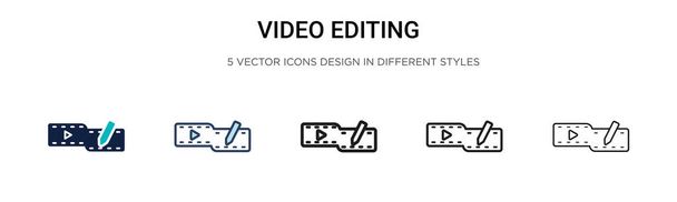 Videoszerkesztő ikon kitöltött, vékony vonal, vázlat és stroke stílusban. Vektor illusztráció két színes és fekete videó szerkesztő vektor ikonok tervek lehet használni a mobil, ui, web - Vektor, kép