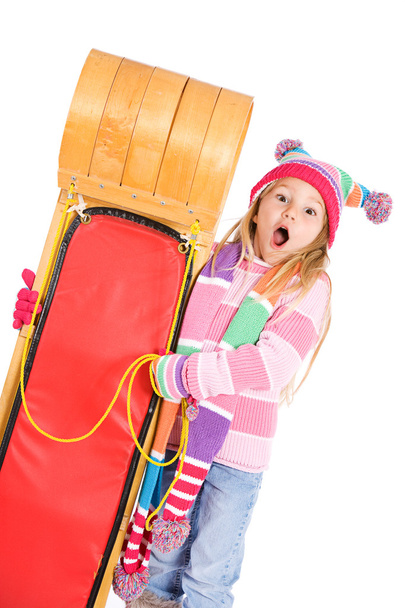 Winter: Surprised Girl Stands With Toboggan - Photo, image
