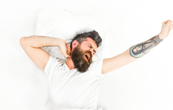 Man slept well, white background. Energetic man concept. - 写真・画像