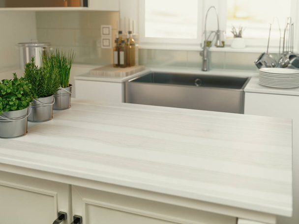 Kitchen countertop. Luxury Modern bright kitchen, 3d rendering - Photo, Image