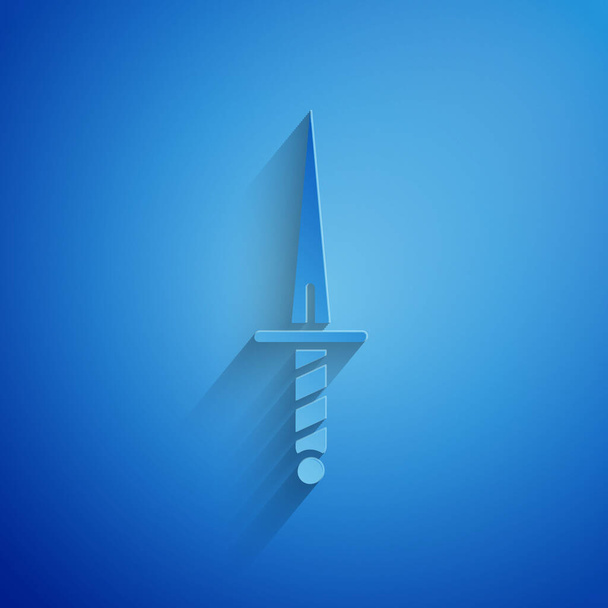Иконка "Кинжал" вырезана из бумаги на синем фоне. Значок ножа. Меч с острым лезвием. Бумажный стиль. Векторная миграция
 - Вектор,изображение