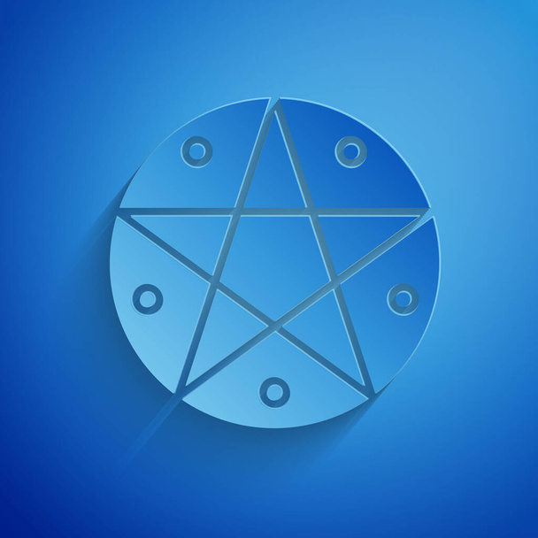 Paper cut Pentagram in a circle icon isolated on blue background. Magic occult star symbol. Paper art style. Vector Illustration - Vector, Image