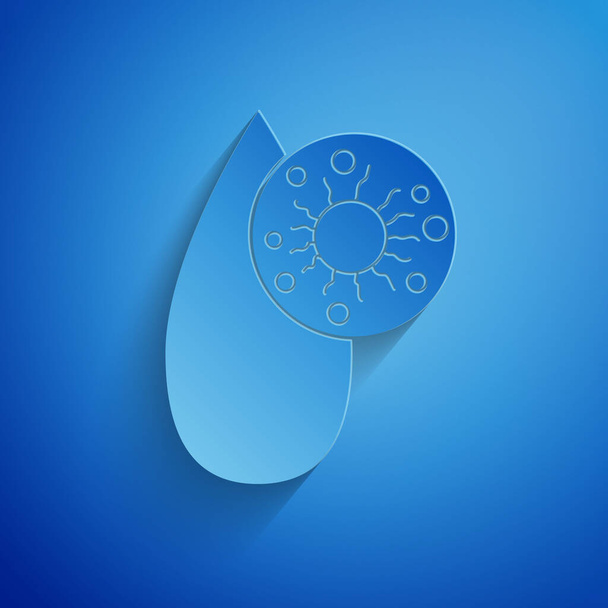 Papírvágás Vér teszt és vírus molekula koronavírus ikon izolált kék alapon. Coronavirus, COVID-19. 2019-nCoV. Papírművészeti stílus. Vektorillusztráció - Vektor, kép