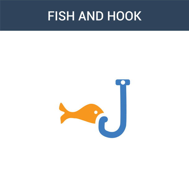 dvě barevné ryby a hák koncept vektorové ikony. 2 barvy Ryby a hák vektorové ilustrace. izolované modré a oranžové eps ikona na bílém pozadí. - Vektor, obrázek