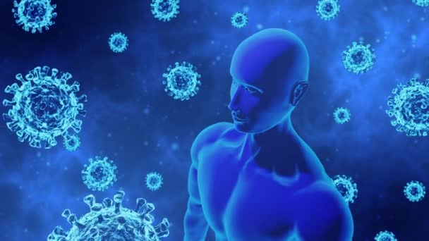 3D rendering Coronavirus / COVID-19 en mens / AI Lichaamsmodel roteren in abstracte blauwe achtergrond - Video