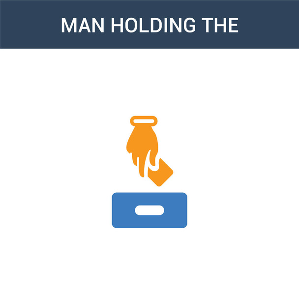 dva barevné Muž drží hlasovací papír na pole konceptu vektoru ikony. 2 barvy Muž drží hlasovací papír na box vektorové ilustrace. izolované modré a oranžové eps ikona na bílém pozadí. - Vektor, obrázek