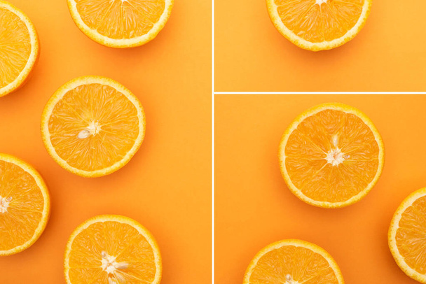 collage of ripe juicy orange slices on colorful background - Foto, Imagen