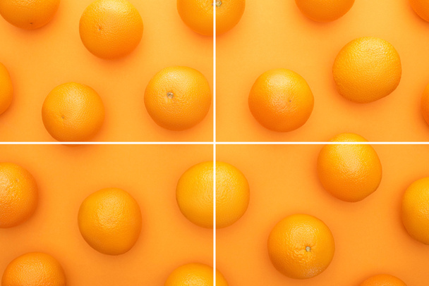 collage of ripe juicy whole oranges on colorful background - Foto, Imagem
