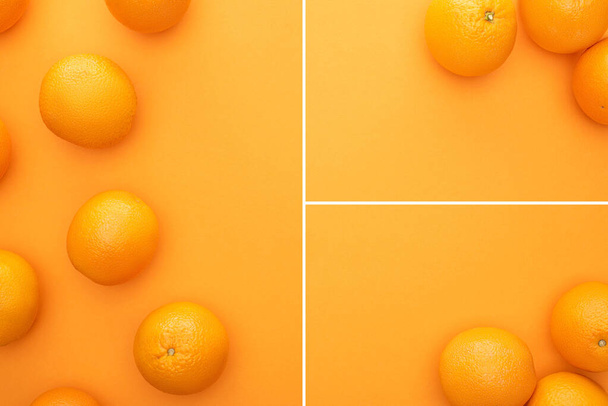 collage of ripe juicy whole oranges on colorful background with copy space - Fotó, kép