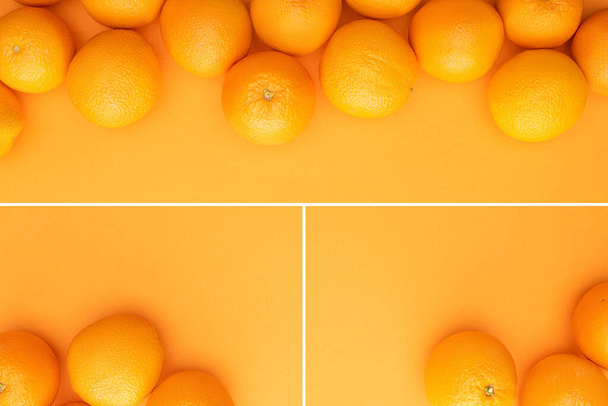 collage of ripe juicy whole oranges on colorful background with copy space - Foto, imagen