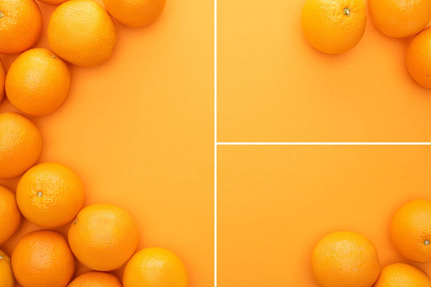 collage of ripe juicy whole oranges on colorful background with copy space - Photo, image