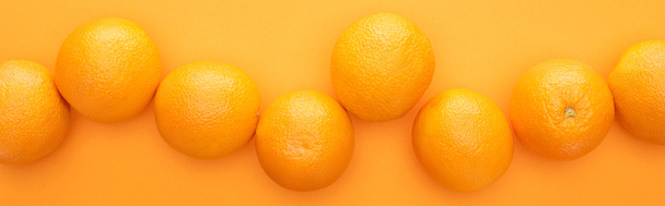 top view of ripe juicy whole oranges on colorful background, panoramic shot - Zdjęcie, obraz