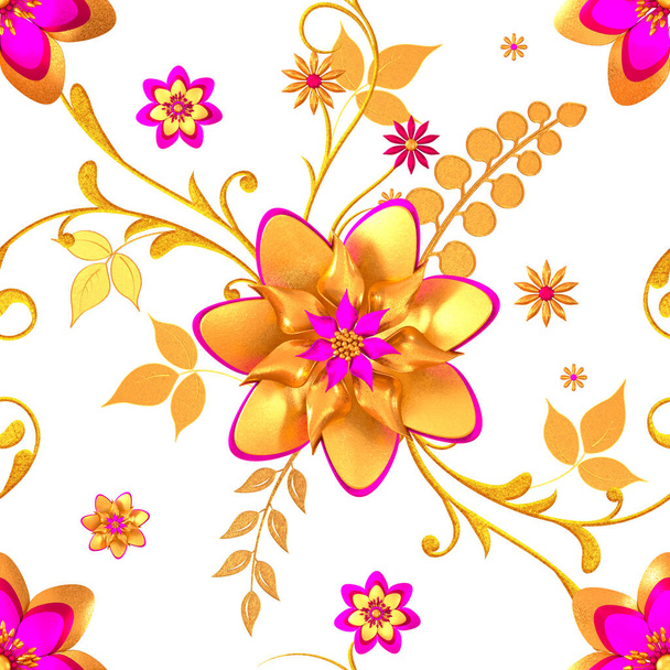 Floral arrangement, stylized golden leaves and flowers, shiny berries, delicate curls, geometric shape, paisley elements, seamless pattern, 3d rendering - Photo, Image