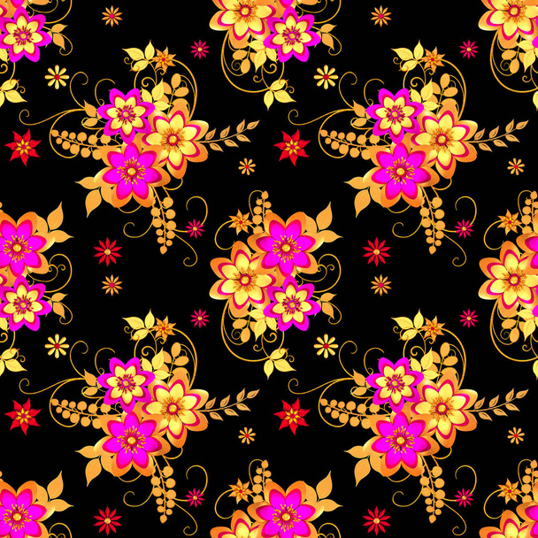 Floral arrangement, stylized golden leaves and flowers, shiny berries, delicate curls, geometric shape, paisley elements, seamless pattern, 3d rendering - Foto, Imagem