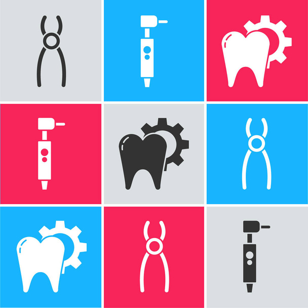 Set Alicates dentales, taladro dental y el icono del procedimiento de tratamiento dental. Vector
 - Vector, Imagen