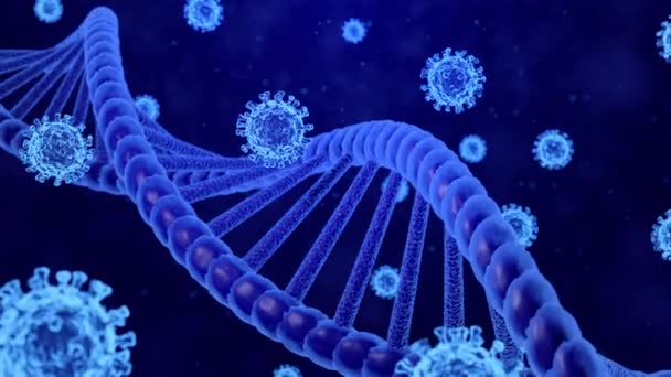 Modèles 3D de rendu du coronavirus / COVID-19 et ADN Helix se déplaçant dans un fond bleu abstrait
 - Séquence, vidéo