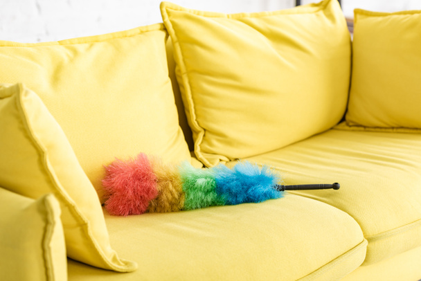 Gele bank met kleurrijke veren stofdoek in de woonkamer - Foto, afbeelding