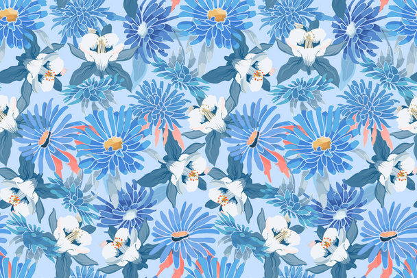 Art floral vector seamless pattern. Blue asters, chrysanthemums, white and blue Columbine. Vector garden flowers Isolated on ice blue background. For fabric, home and kitchen textile, wallpaper. - Vector, afbeelding