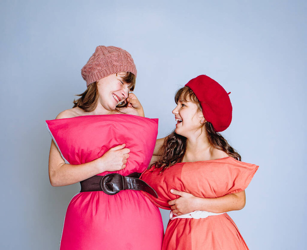 studio photo of a girl in pillow dress, pillow challenge, covid flash mob - Photo, Image