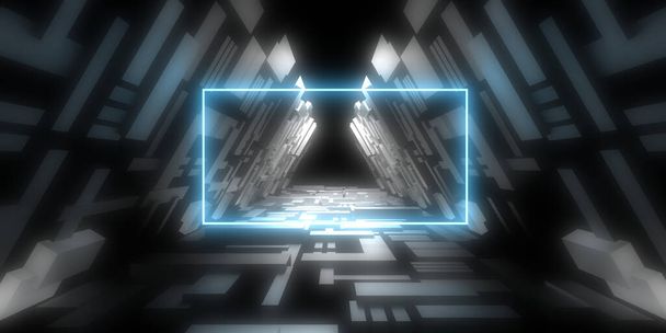 Sfondo astratto 3D con luci al neon. costruzione tunnel al neon .space. Illustrazione 3d - Foto, immagini