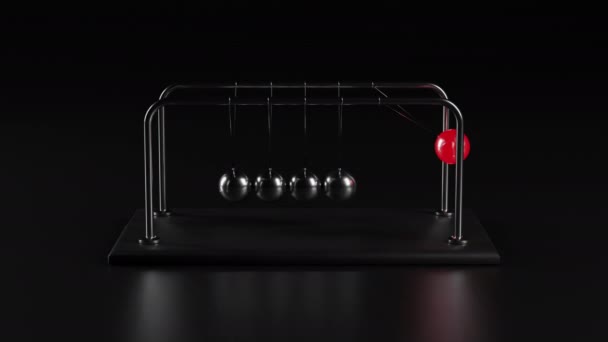 4K Animatie van een Newton 's Cradle, Chrome metalen bollen en lichtrode bol met reflecties in botsende beweging Motion Concept, zonder wrijving en verlies van energie, in Looping, Vooraanzicht, zwarte achtergrond - Video