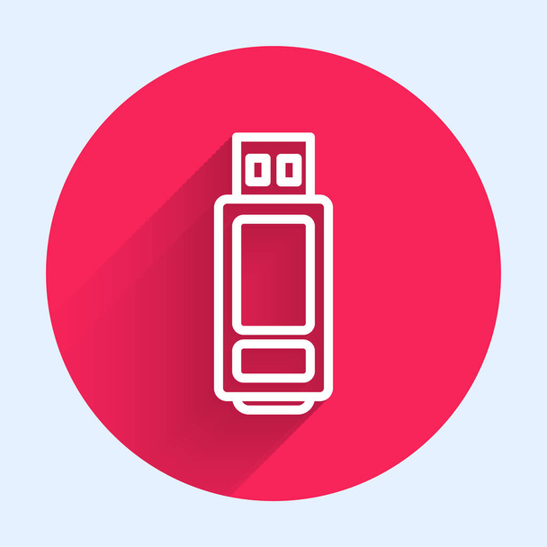 Biała linia ikona pamięci flash USB izolowana długim cieniem. Czerwony przycisk. Ilustracja wektora - Wektor, obraz