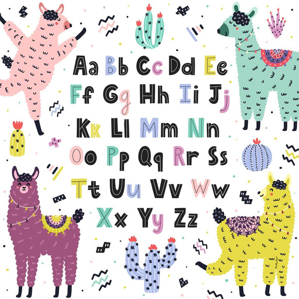 Alfabeto inglés con llamas lindas. Cartel educativo para niños con alpaca divertida
 - Vector, imagen