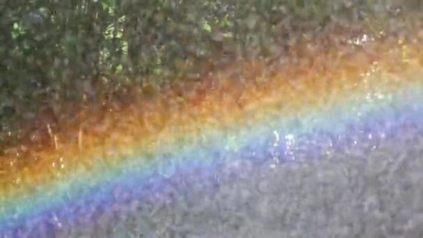 Arco-íris lindo brilhante close-up durante a chuva. Chuva artificial faz um grande arco-íris cor. Arco-íris de verão na chuva. Conceito de alegria, felicidade, humor de verão. Vídeo em câmara lenta. Bandeira lgbt community
. - Filmagem, Vídeo